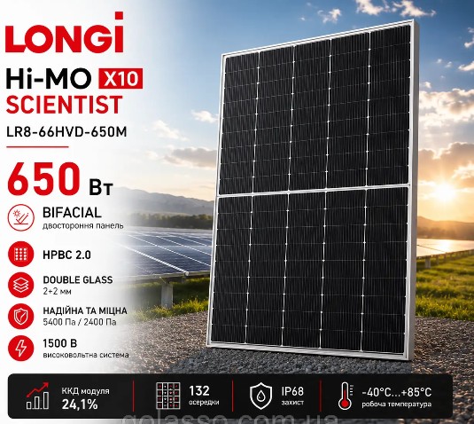 Longi Hi-MO X10 LR8-66HVD BIFACIAL 650 Вт